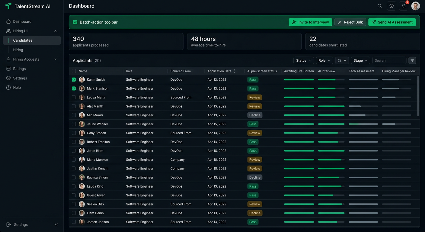 High-volume hiring applicant queue dashboard